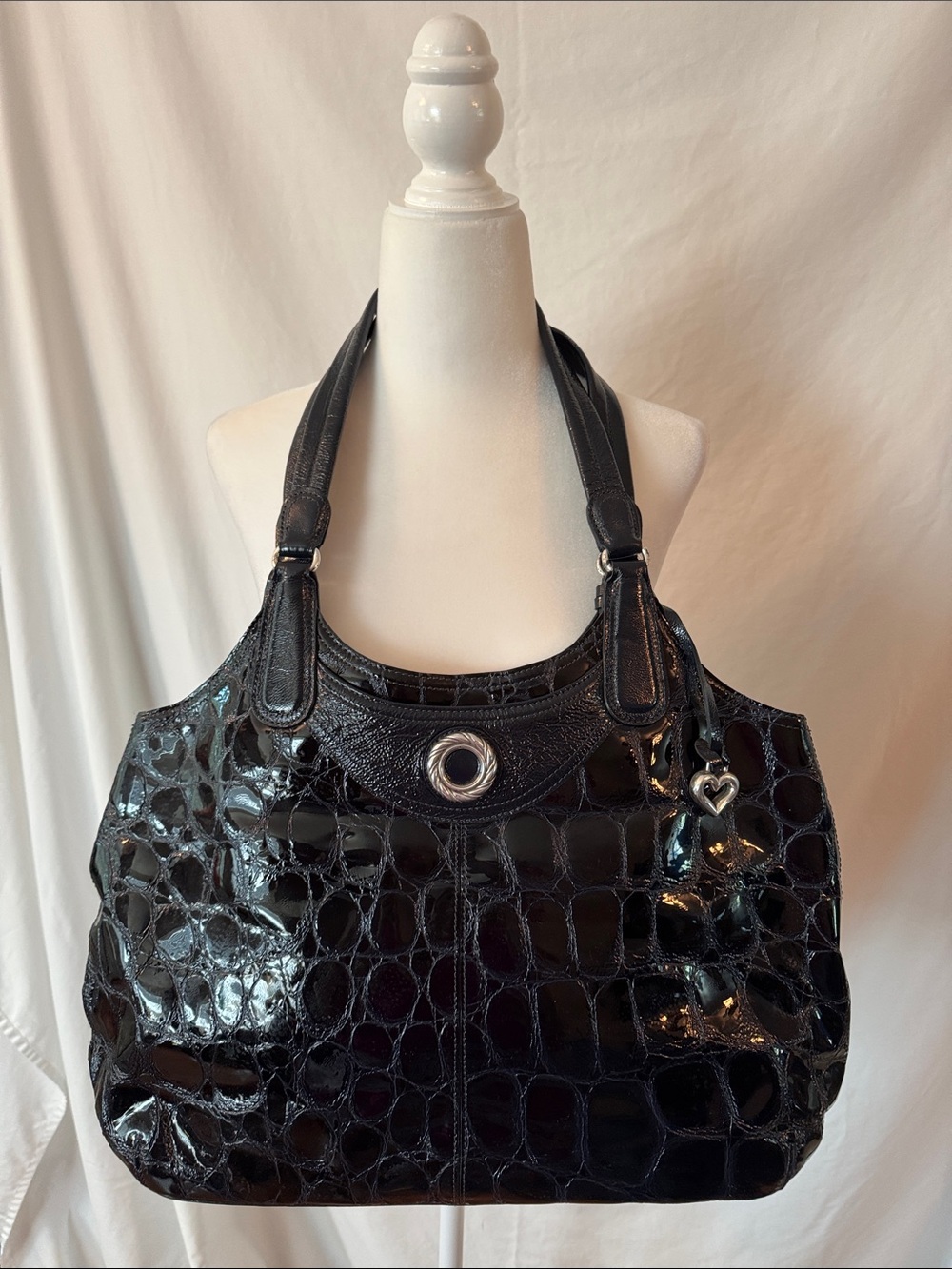Brighton Black Croc-Embossed Patent Tote with Heart Charm